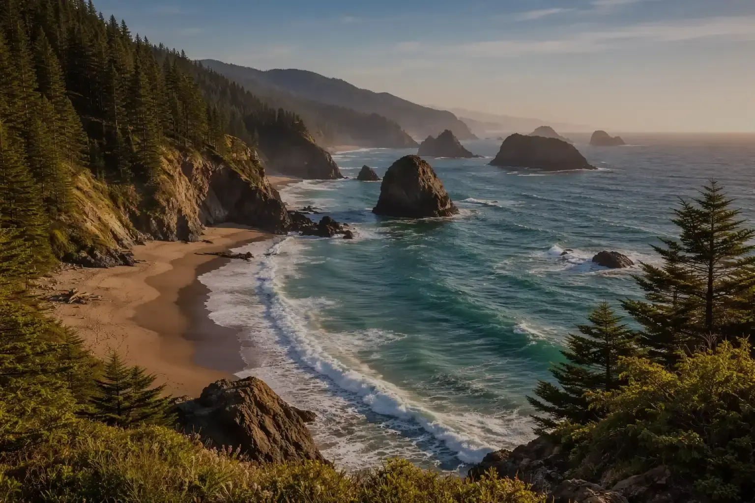 Forested cliffs, sea stacks, and beaches along the southern Oregon coast in Curry County