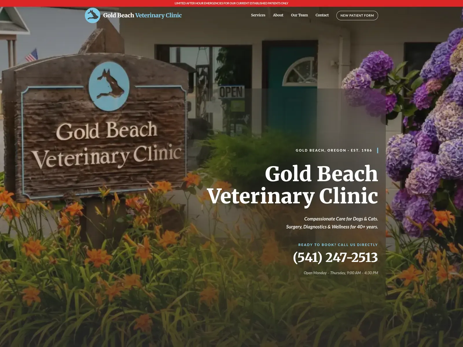 Redesigned Gold Beach Veterinary Clinic homepage featuring the clinic sign and direct phone number