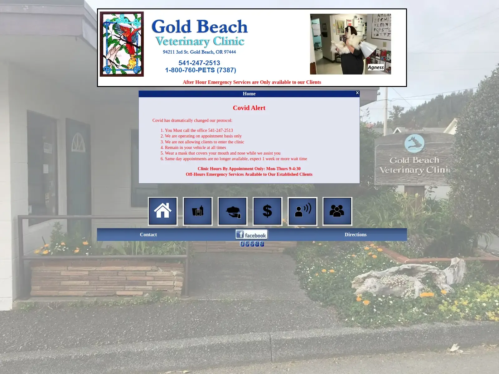 Previous Gold Beach Veterinary Clinic homepage with a COVID alert, icon navigation, and clinic building background