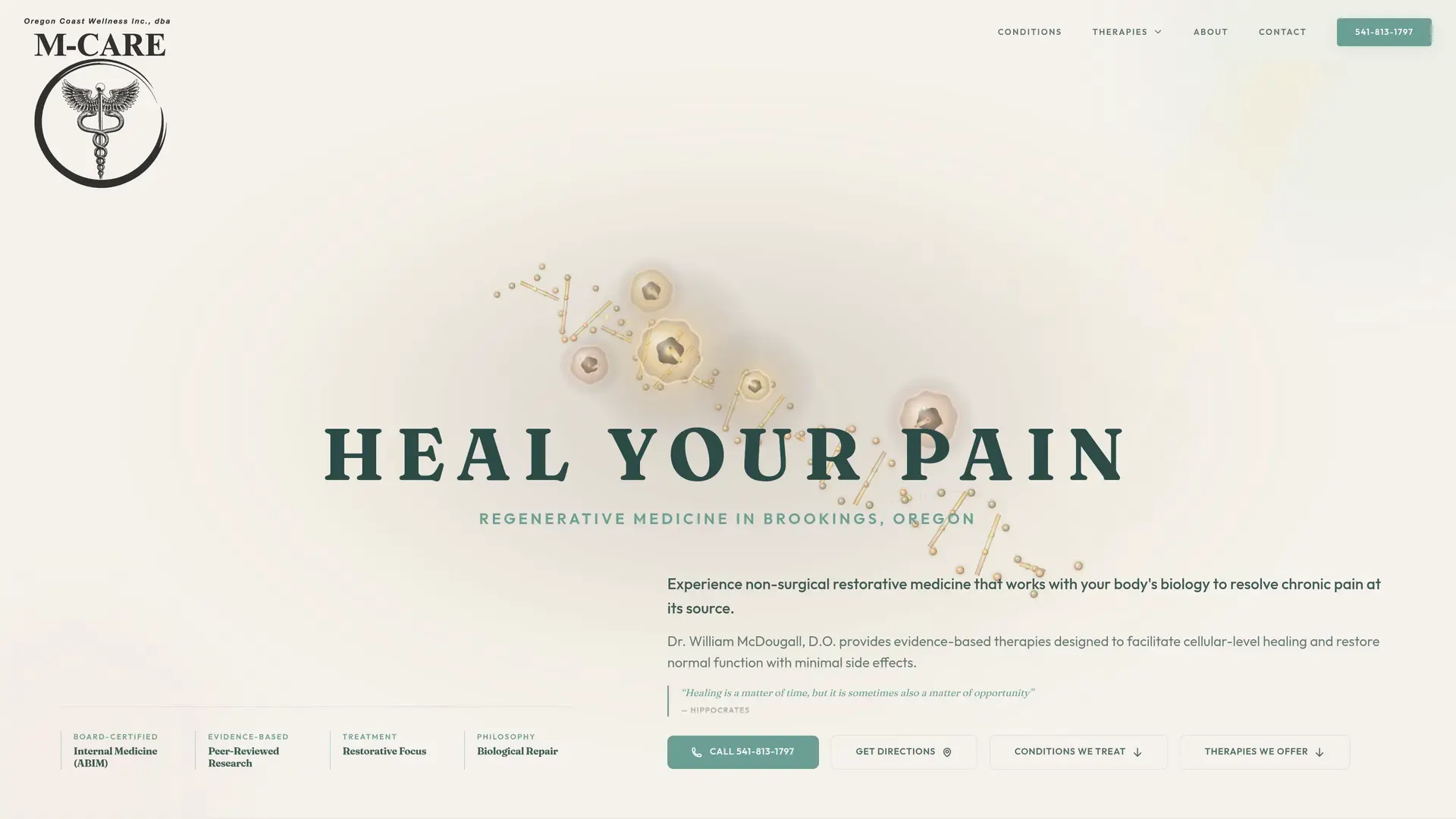 M-Care Brookings clinic website with cream and green styling, treatment navigation, and physician information