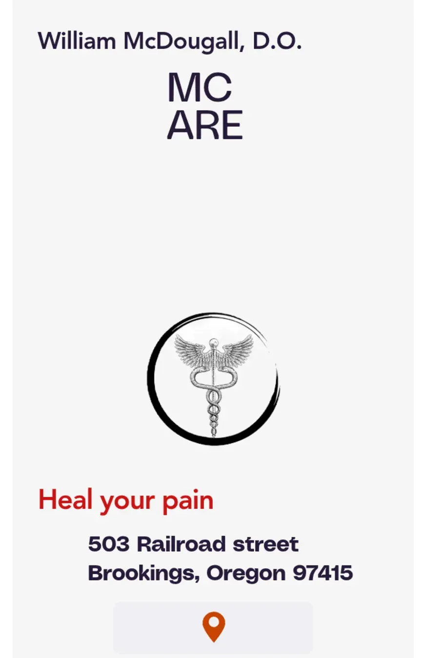 Previous M-Care mobile page with William McDougall D.O., a caduceus mark, Heal your pain text, and Brookings address