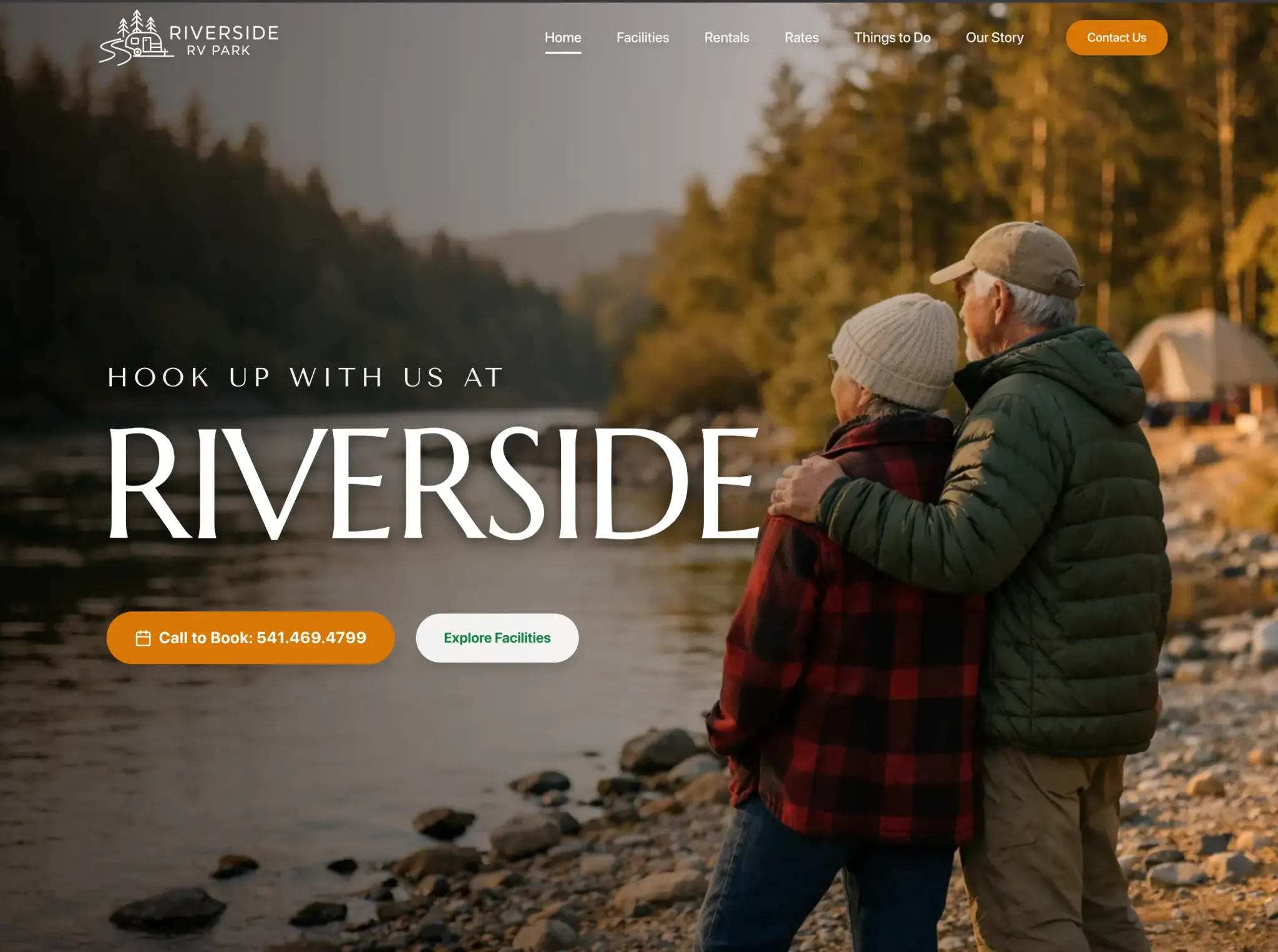 Riverside RV Park website shown on a laptop with a riverfront photograph and warm orange booking accents