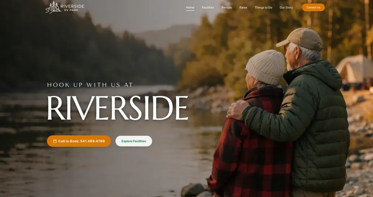 Proposed Riverside RV Park homepage with a couple beside the river, full-screen photography, and call-to-book action