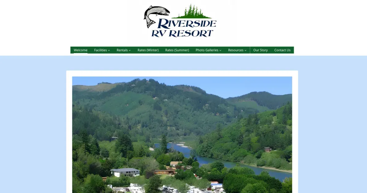 Previous Riverside RV Resort homepage with a large fish logo, narrow green navigation, blue background, and framed landscape photograph