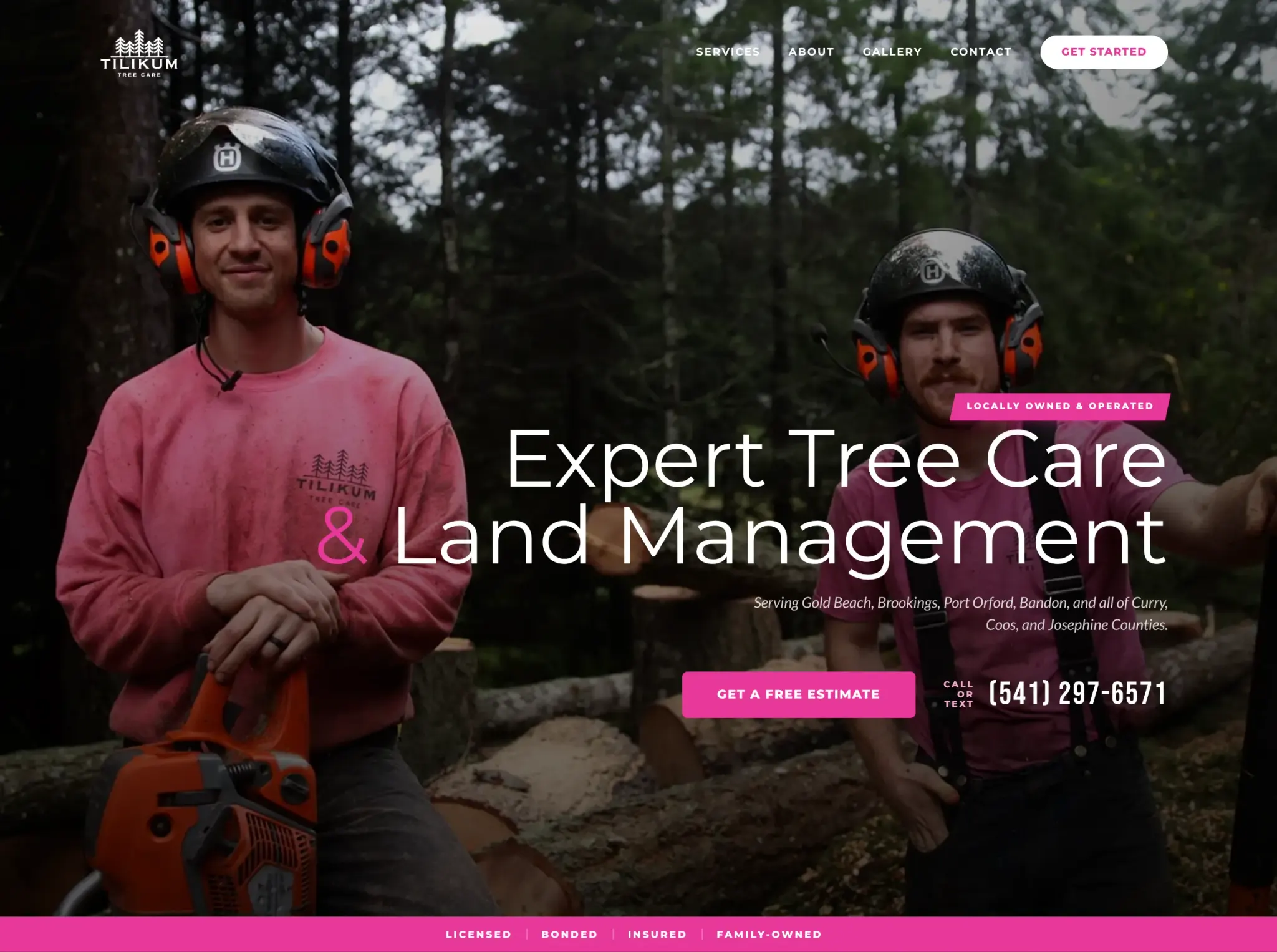 Tilikum Tree Care website shown on a laptop with the bright pink brand color and a tree worker in the forest