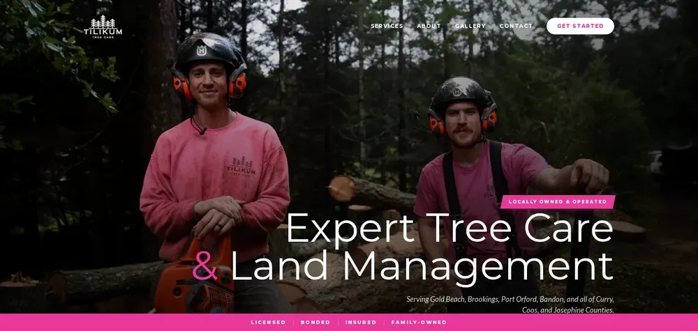 Tilikum Tree Care homepage naming Port Orford in its coastal service area with estimate and phone actions